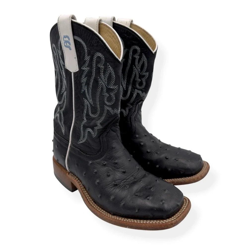 Anderson Bean Kids Leather Cowboy Boots Impostrich Size 2 Black Square Toe 3015